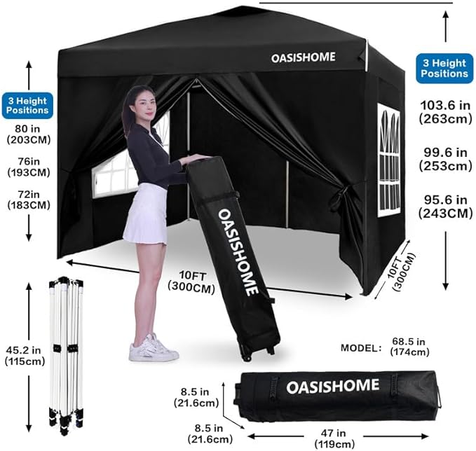 OASISHOME Pop-up Gazebo Instant Portable Canopy Tent 10'x10', with 4 Sidewalls, Windows, Wheeled Bag, for Patio/Outdoor/Wedding Parties and Events (10FTx10FT, Black)