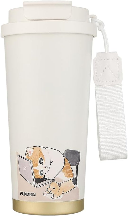 Funkrin Coffee Travel Mug with Straw & Flip Lid, 16oz Insulated Tumbler Cup with Ceramic Coating, Double Wall Vacuum Leak-Proof Mug for Office School Party Camping