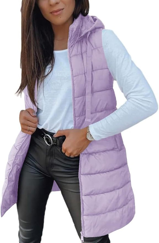 Veatzaer Women Long Vest Solid Color Sleeveless Hood Winter Puffer Vest Outwear