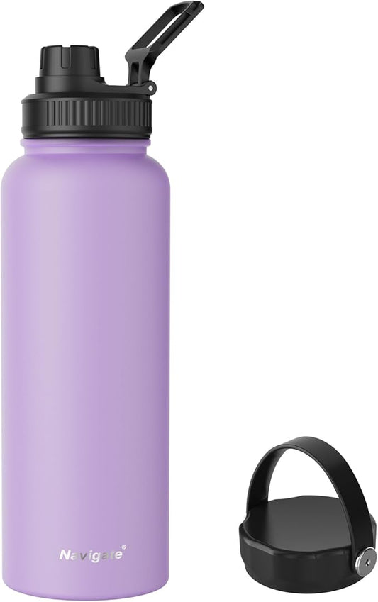 Navigate 40 oz Stainless Steel Insulated Water Bottle,Double Walled Leak Proof Keep Cold for 24 Hrs Hot for 12 Hrs,Wide Mouth Water Jug with Spout & Handle Lids,Purple