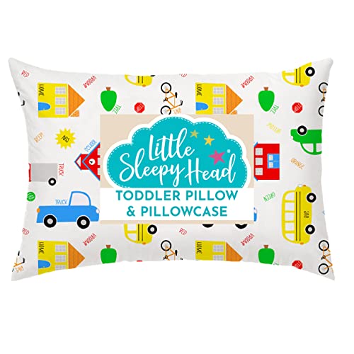 Little Sleepy Head Toddler Pillow with Pillowcase 13x18 - Kids Pillow for Sleeping - Better Neck Support Ergonomic Pillow and Toddler Pillowcase - Best Pillows for Kids(Trucks 'N Cars)