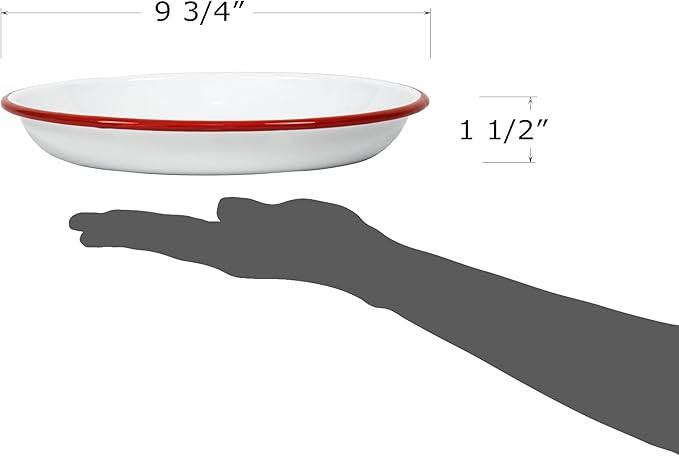 Red Co. Set of 4 Enamelware Metal 10” Round Camping Plates, Solid White/Red Rim