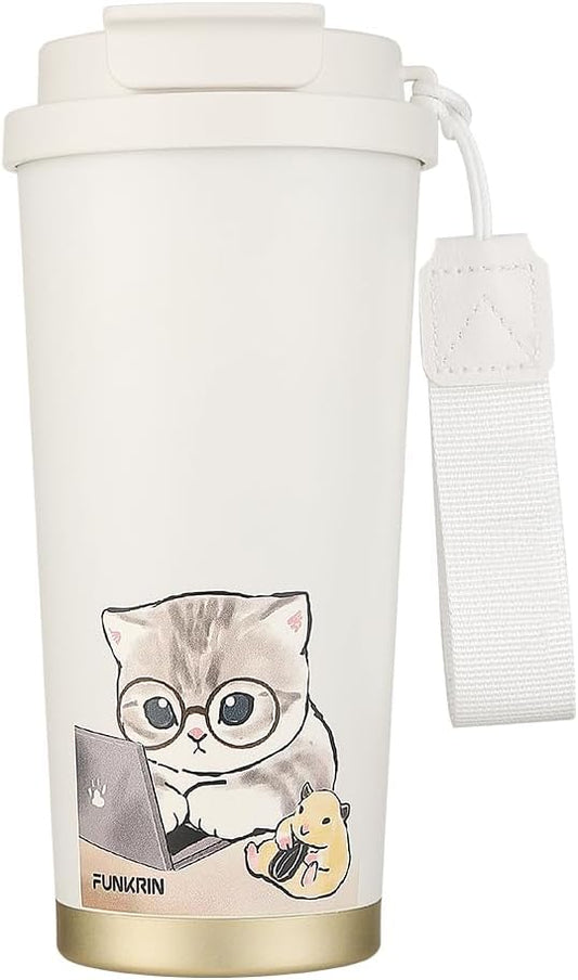 Funkrin Coffee Travel Mug with Straw & Flip Lid, 16oz Insulated Tumbler Cup with Ceramic Coating, Double Wall Vacuum Leak-Proof Mug for Office School Party Camping
