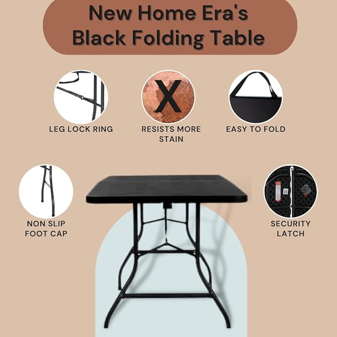 6ft Plastic Folding Table, Fold-in-Half Portable Utility Table Heavy Duty Portable w/Handle, for Indoor Outdoor,Picnic, Party, & Camping (Black, 6ft)