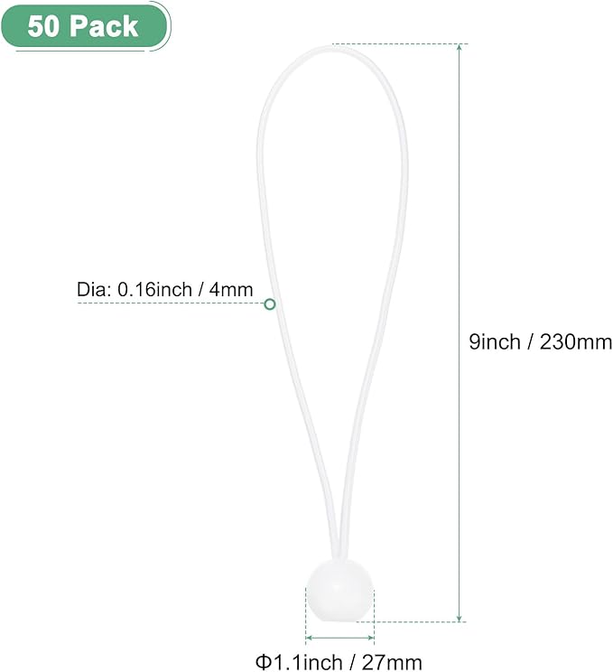 50-Pack Ball Bungee Cords, 9 Inch High Elastic Canopy Tarp Tie Down Bungee Balls for Camping/Tent/Cargo Holding Wire Hoses/Patio Umbrellas/Shelter [White]