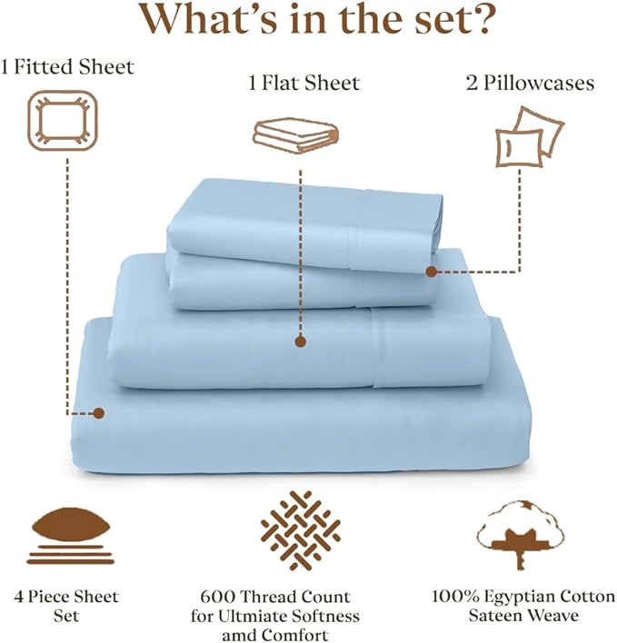 RV King Sheet Set 72 x 80 - 100% Egyptian Cotton, 600 Thread Count - 4 Piece RV Camper Bedding - Deep Pocket RV Sheets Fits Upto 16" Mattress - Soft & Breathable Camping Sheets - Light Blue