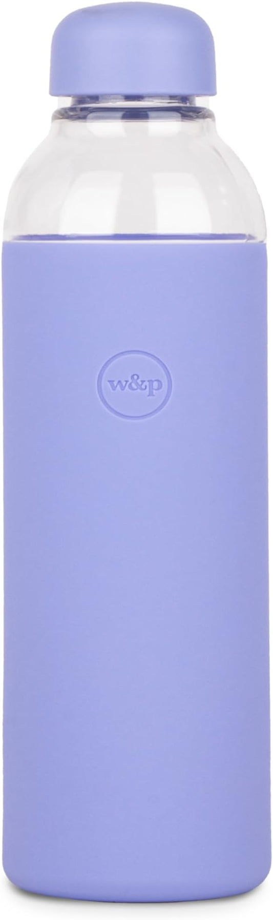 W&P Porter Glass Water Bottle with Protective Silicone Sleeve, Lavender 20oz, Leak-Proof Reusable Bottle, Dishwasher Safe, Borosilicate Glass