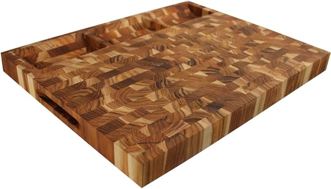 EcoDecors FSC Certified Solid Teak Wood Cutting Board 24x18, Large End Grain Butcher Block with Juice Groove, Side Handles, Charcuterie Slots, Reversible