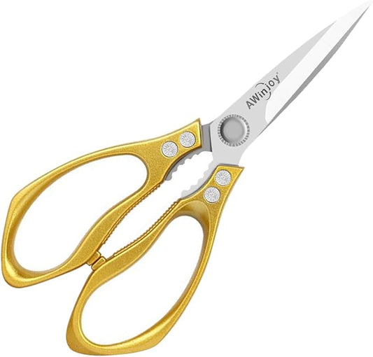 Heavy Duty Sharp Kitchen Scissors, Multipurpose Cutting Scissors for Meat, Chicken, Fish, Poultry, Herbs, Bread - Dishwasher Safe - Gift (Gold)