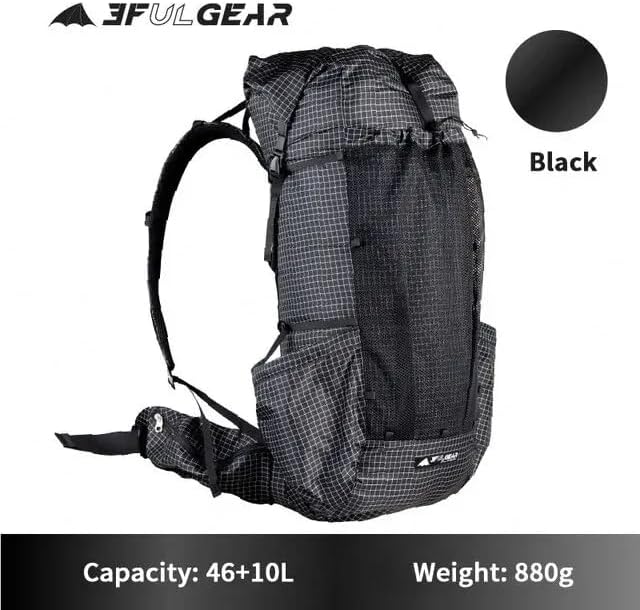 3F UL GEAR QiDian Pro UL 46+10L Backpack Outdoor Climbing Bag Camping Hiking Bags UHMWPE ultralight (Black)
