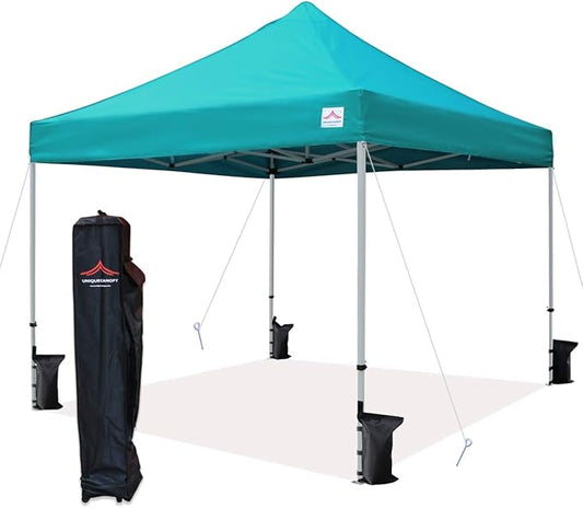 10'x10' Pop Up Canopy Tent Commercial Instant Shelter with Heavy Duty Roller Bag, 4 Canopy Sand Bags, 10x10 FT Lake Blue