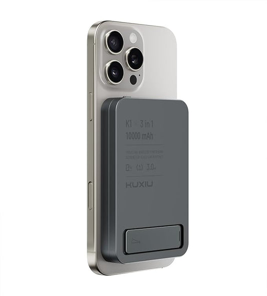 Magnetic 3 in 1 Portable Charger Wireless Charging Station, KU XIU 10000mAh Foldable Power Bank 15W Fast Charging, Travel Charger Battery Pack for iPhone 16/15/14/13/12, for Apple Watch, AirPods, Gray