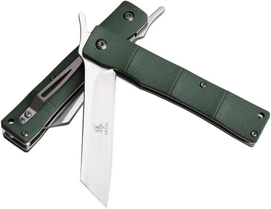 KATSU Folding Pocket Knife with Clip D2 Steel Blade,Handmade Camping Knives for Men Liner Lock G10 Handle Anti-slip Bamboo Style,Japanese Sharp Edc Pocket Knife with Sheath Hiking higonokami
