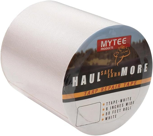 Mytee Products 8.8 oz Waterproof White Vinyl Tarp Repair Tape 6 Inch x 50 FT with Heavy Duty Adhesive Backing - Tarp Patch Kit, Tarp Repair Kit