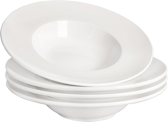 Porcelain Soup Bowls soup Plate Pasta Bowl Set of 4 Shallow Bowl Plates, 14 oz Rimmed Bowls with Rim, Microwave ovens and refrigerators safe, Line texture 11.9 Inch