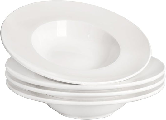 Porcelain Soup Bowls soup Plate Pasta Bowl Set of 4 Shallow Bowl Plates, 14 oz Rimmed Bowls with Rim, Microwave ovens and refrigerators safe, Line texture 11.9 Inch