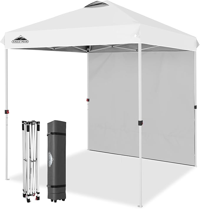 EAGLE PEAK Pop Up Canopy Tent with 1 Sidewall, Easy Setup Event Tent, Outdoor Sun Shade, Wheeled Carry Bag, Stakes and Guy Ropes, Instant Canopy 6.6x6.6, White