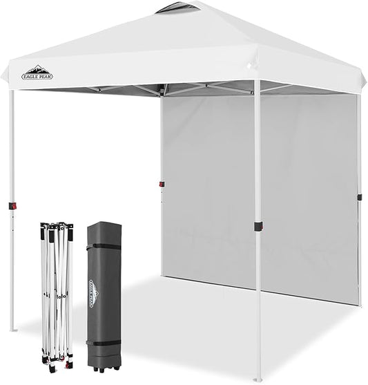 EAGLE PEAK Pop Up Canopy Tent with 1 Sidewall, Easy Setup Event Tent, Outdoor Sun Shade, Wheeled Carry Bag, Stakes and Guy Ropes, Instant Canopy 6.6x6.6, White