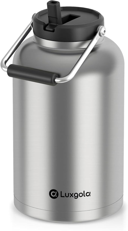 128 oz Insulated Water Jug with Straw Lid and Handle, One Gallon Stainless Steel Double Vacuum Water Bottle for Hot & Cold Drinks - Sweat Proof, Great for Travel, Hiking, Camping - Stainless