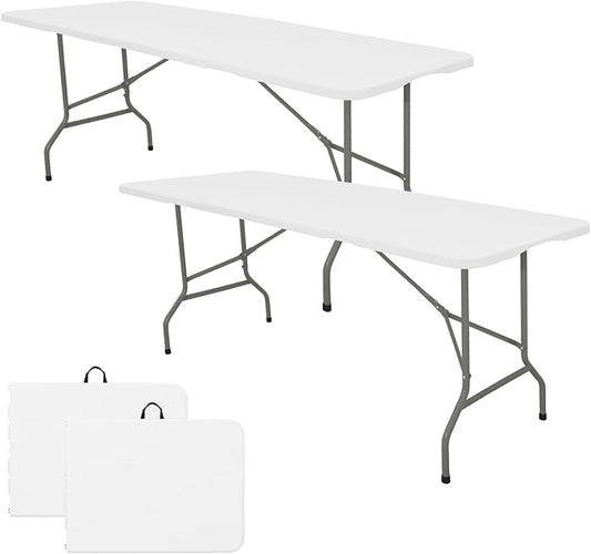 Set of 2 Folding Table 6 FT Lightweight Camping Table Portable Plastic Rectangular Outdoor Dining Table Steel Legs Fold-in-Half with Carrying Handle for Indoor,Picnic,Party,Wedding,Events(White)