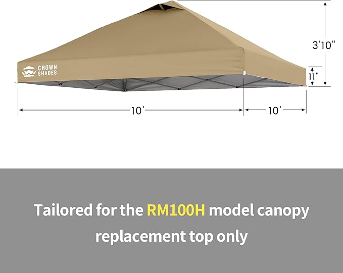 CROWN SHADES 10x10 Canopy Replacement Top - Only Compatible with Crown Shades RM100H Series, Silver Coated with Air Vent, Khaki (Top Only)