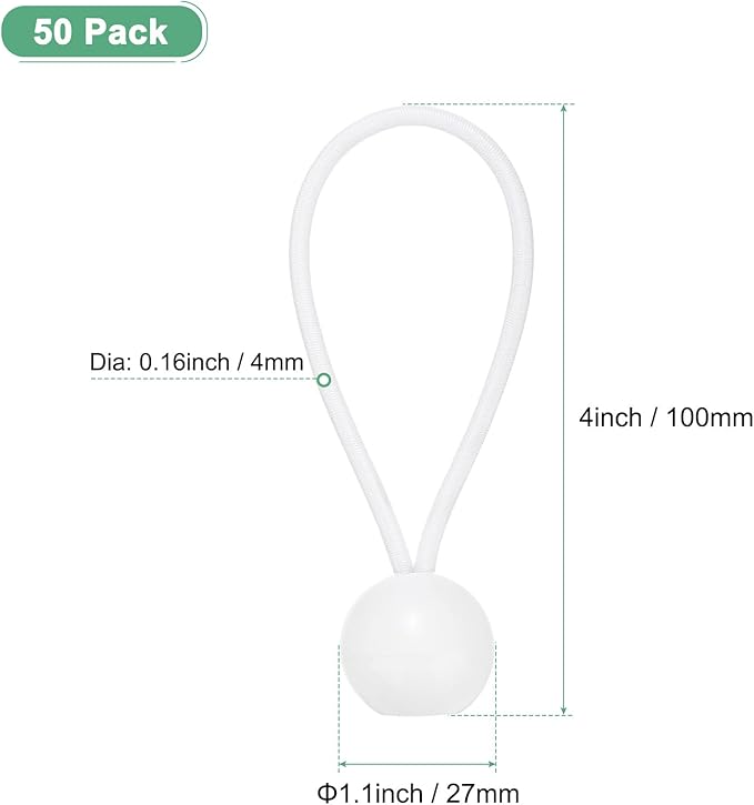 50-Pack Ball Bungee Cords, 4 Inch High Elastic Canopy Tarp Tie Down Bungee Balls for Camping/Tent/Cargo Holding Wire Hoses/Patio Umbrellas/Shelter [White]
