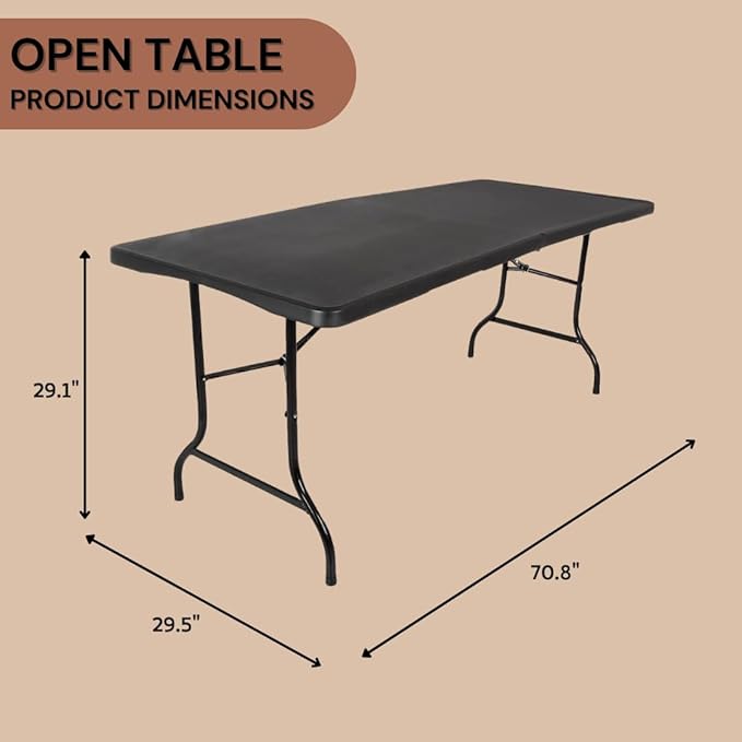 6ft Plastic Folding Table, Fold-in-Half Portable Utility Table Heavy Duty Portable w/Handle, for Indoor Outdoor,Picnic, Party, & Camping (Black, 6ft)