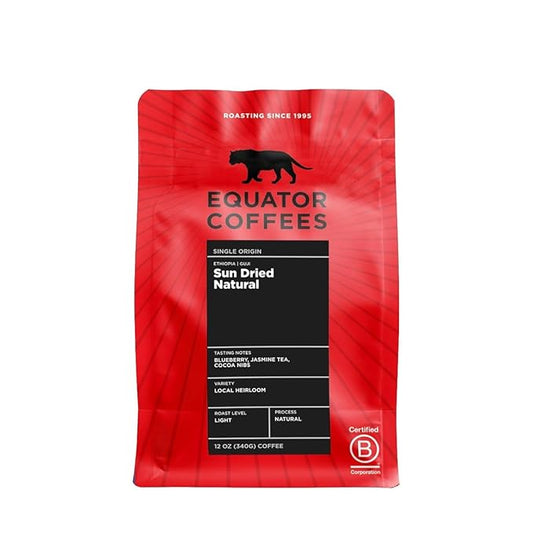 Ethiopia Sun Dried Natural - Roasted by Equator Coffees - Whole Bean Coffee - 12 Ounce Bag