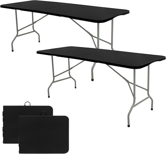 Set of 2 Folding Table 8 FT Camping Table Portable Heavy Duty Plastic Rectangular Outdoor Dining Table Steel Legs Fold-in-Half with Carrying Handle for Indoor,Picnic,Party,Wedding,Events(Black)