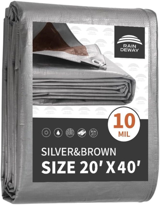 RAINDEWAY Tarps Heavy Duty Waterproof 20x40 Feet,10Mil Thick Multipurpose Large Tarp Cover with Metal Grommets and Reinforced Edges,Silver/Brown Tarp