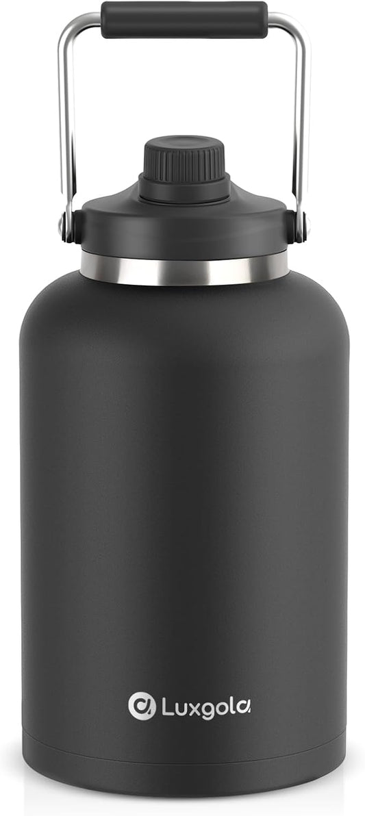 128 oz Insulated Water Bottle with Spout Lid and Handle, One Gallon Stainless Steel Large Double Vacuum Water Jug for Hot & Cold Drinks - Sweat Proof, Great for Travel, Hiking, Camping - Black