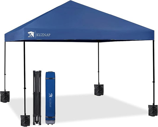 12’x12’ Pop up Canopy Tent Patented EZ Set up Instant Outdoor Canopy with Wheeled Carry Bag Bonus 4 Weight Sandbags, 8 Stakes and 4 Ropes， Blue