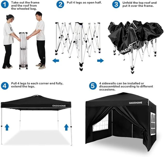 OASISHOME Pop-up Gazebo Instant Portable Canopy Tent 10'x10', with 4 Sidewalls, Windows, Wheeled Bag, for Patio/Outdoor/Wedding Parties and Events (10FTx10FT, Black)