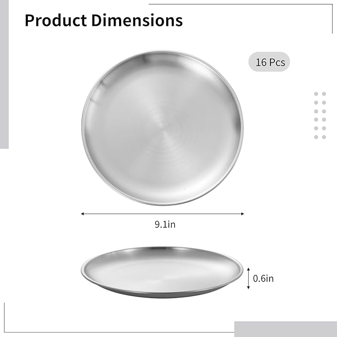 OMISTAR 16 Pcs Stainless Steel Dinner Plates, Reusable Brushed Metal Plates, 9 inch Round Dinner Dishes, Serving Plates for Main Dishes, Unbreakable Kitchenware, Dishwasher Safe