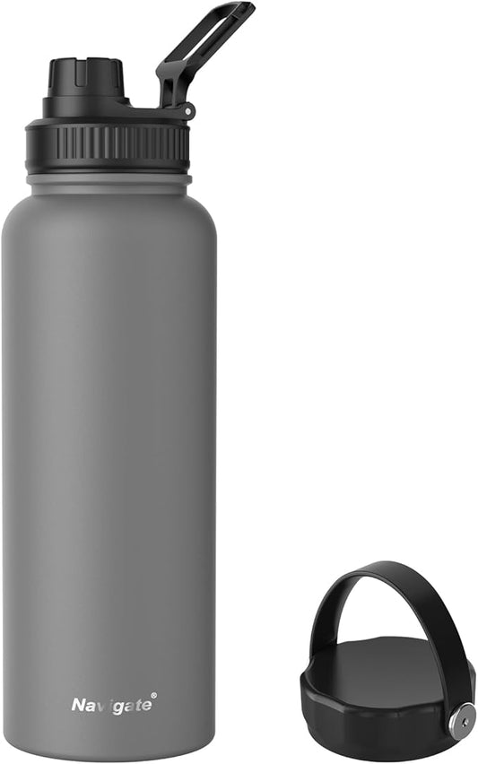 Navigate 40 oz Insulated Stainless Steel Sports Water Bottle with Spout & Handle Lids,Wide Mouth Water Jug with Double Walled Leak Proof Keep Cold for 24 Hrs Hot for 12 Hrs,Grey