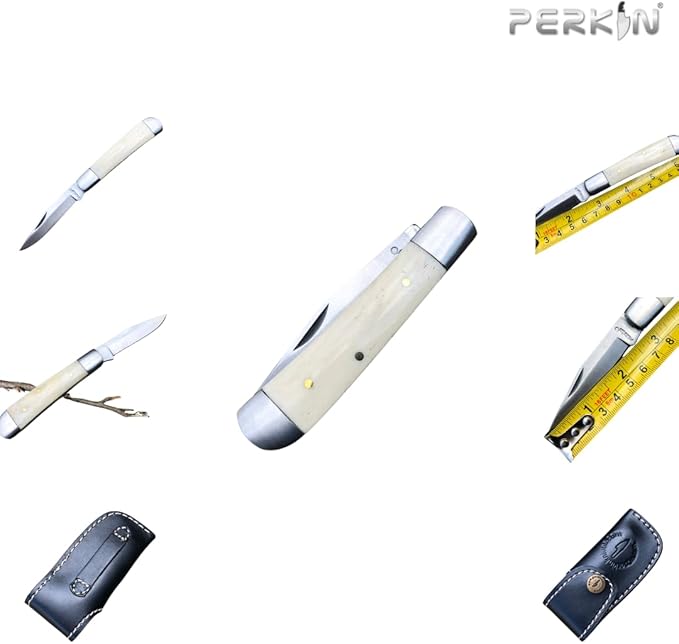 Perkin Handmade Pocket Knife with Sheath Leather Pouch-Stainless Steel Folding Hunting Knives for Bushcrafting, Camping, Outdoor, Survival, Hiking-Unisex Adults