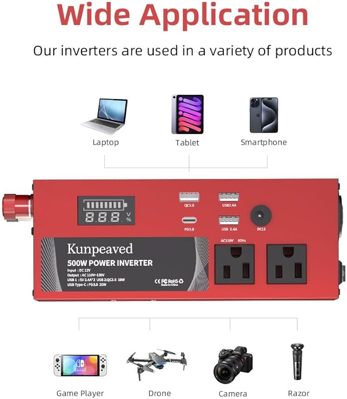 500W Power Inverter DC 12V to 110V Car Charger Converter with Dual USB Ports and 2 AC Outlets for Air Compressor Laptops, Road Trip Accessories (Red)