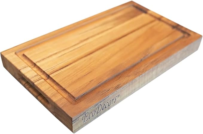 EcoDecors, Teak Cutting Board 10"x6", Reversible Compact Teak Wood Edge Grain Cutting Board with Juice Groove, Small Wooden Board for Bar, Garnish, Snack, Cheese, or Gift, FSC Certified