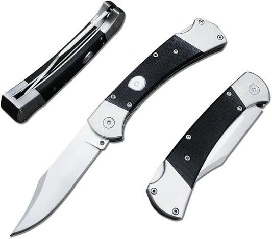 push button assisted opening Folding Knife,440C Stainless Steel Blade, Backlock G10 Handle with Leather Sheath, EDC Pocket Knives for Men (Black)