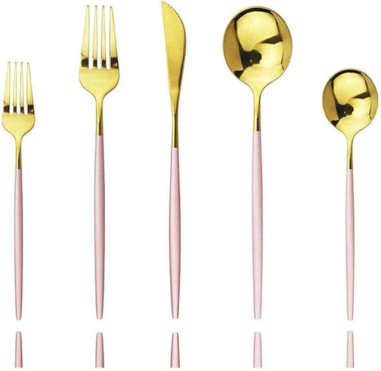 JASHII 30-Piece Stainless Steel Pink Gold Satin Finish Flatware Set - Mirror Polished Tableware Cutlery for Home and Restaurant - Dishwasher Safe