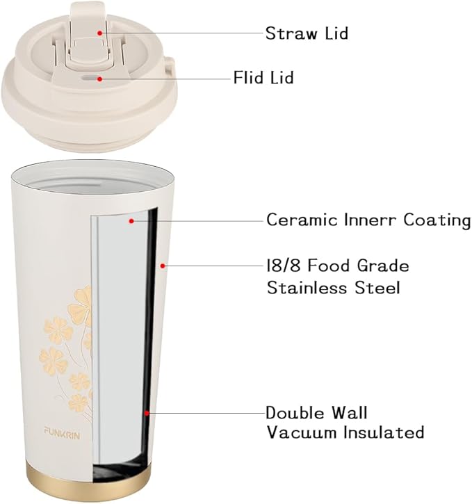 Funkrin Coffee Travel Mug with Straw & Flip Lid, 16oz Insulated Tumbler Cup with Ceramic Coating, Double Wall Vacuum Leak-Proof Mug for Office School Party Camping