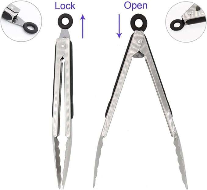 304 Stainless Steel Kitchen Cooking Tongs, 12" and 14" Set of 2 Sturdy Grilling Barbeque Brushed Locking Food Tongs with Ergonomic Grip, Black