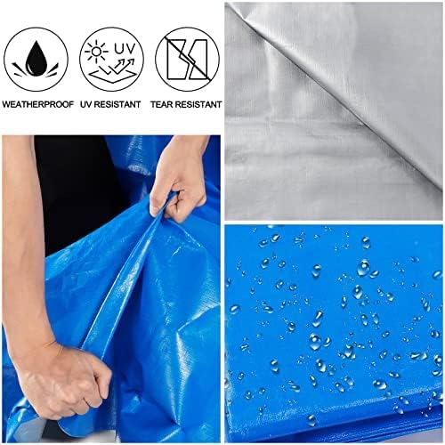 Tarps Heavy Duty Waterproof 8x10, Blue Tarp, Waterproof Plastic Poly 16 Mil Thick Tarpaulin with Metal Grommets Every 19.5 Inches - Emergency Rain Shelter, Outdoor Cover, and Camping Use