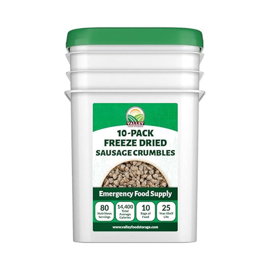 Freeze Dried Sausage Crumbles 10-Bag Bucket, 85 Oz | Premium Emergency Food Supply 25 Year Shelf Life | Prepper Supplies, Survival Food, Off Grid Living Supplies | Valley Food Storage Packaged in USA