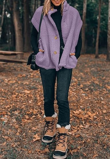 Hongqizo Womens Fuzzy Fleece Vest Casual Oversized Warm Button Down Sherpa Vest Jacket with Pockets