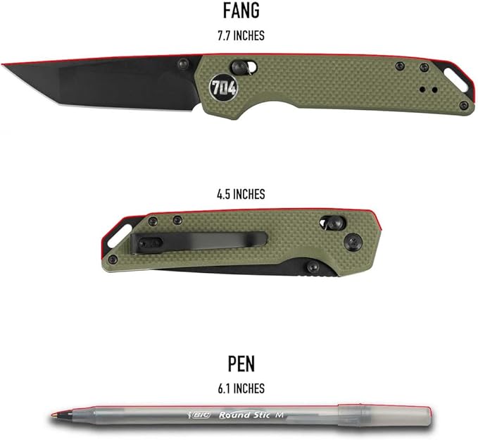 704 Gear Fang EDC Folding Pocket Knife | 3.22" Tanto Blade, D2 Steel, G10 Handle, Crossbar Lock, Reversible Pocket Clip | Olive Drab Green