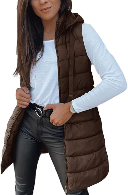 Veatzaer Women Long Vest Solid Color Sleeveless Hood Winter Puffer Vest Outwear