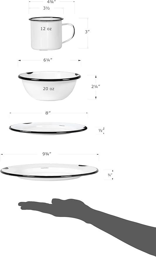 Red Co. 16-Piece Enamelware Metal Dinnerware Set for 4, Distressed White/Black Rim