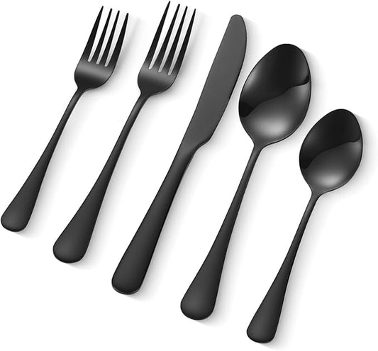 VEVOR 30-Piece Black Silverware Set, Food-Grade Stainless Steel Flatware Utensils for 6, Mirror Finished Cutlery Set, Dishwasher Safe Eating Tableware for Kitchen Home, Include Knife Fork Spoon