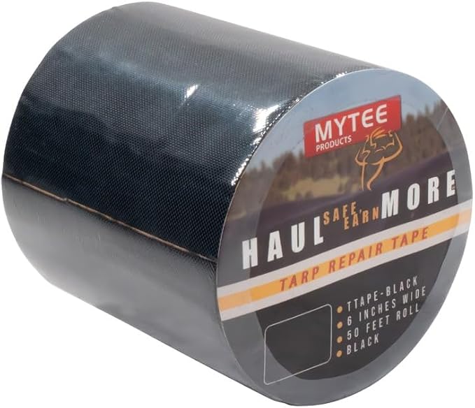 Mytee Products 8.8 oz Waterproof Black Vinyl Tarp Repair Tape 6 Inch x 50 FT with Heavy Duty Adhesive Backing - Tarp Patch Kit, Tarp Repair Kit